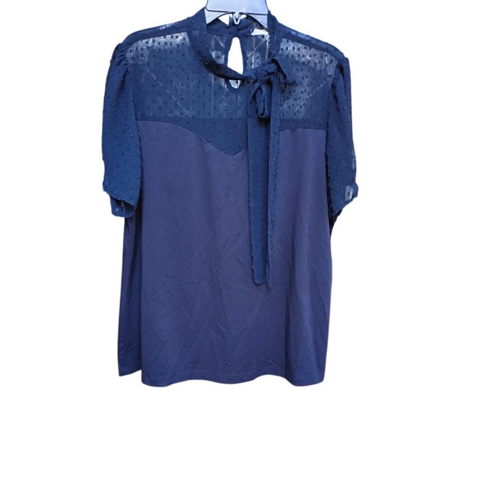 Perseption Navy Blue Blouse Sheer Swiss Dot Lace Short Sleeves Tie XL